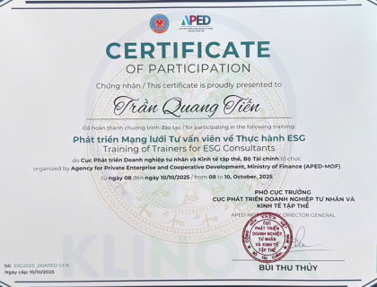 Certificate of Participation Developing a Network of Consultants on ESG Practices for KLINOVA's Staff